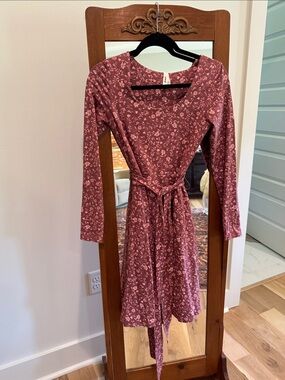 Pact Rose-Mauve Floral Long-Sleeve Tie-Waist Dress